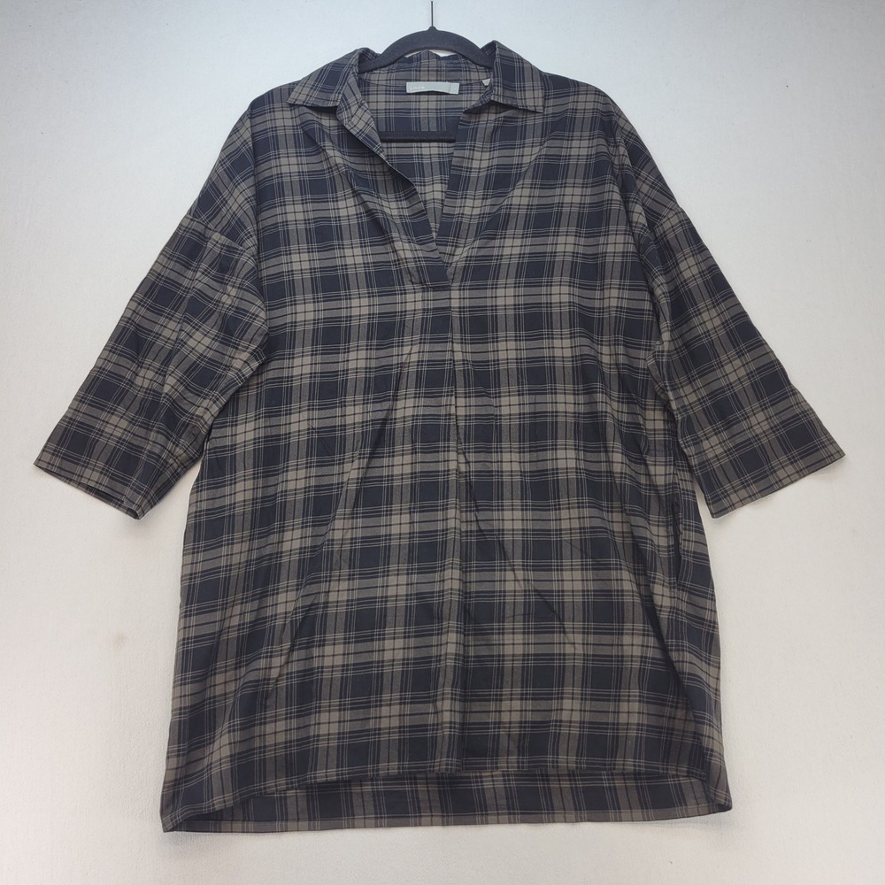 Vince Plaid Tunic Womens Small Brown Black Oversized Tunic‎ V-Neck